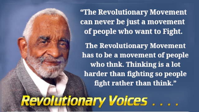 - Revolutionary News Today! Poster-style Image of an Older Man with a Light Gray Beard and Blazer, Beside a Two-paragraph Quote About the Revolutionary Movement and Thinking, with the Caption 'revolutionary Voices' in Yellow at the Bottom.
