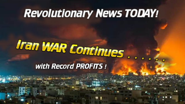 - Revolutionary News Today! Dramatic News Banner with Flames over a City at Night and Bold Headlines: 'iran War Continues' and 'revolutionary News Today!'