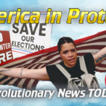 - Revolutionary News Today! Protest Thumbnail: a Woman Holds an American Flag with Arms Outstretched, Surrounding Signs Read 'no Data Center Here' and 'save Our Elections', Plus a Crossed-out 'ice' Symbol; Bold Yellow Title Reads 'america in Protest'.