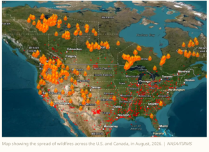 - Revolutionary News Today! Map of the U.s. and Canada Showing Widespread Wildfires in August 2026, with Numerous Flame Icons and Red Hotspots Across Western and Central Regions.