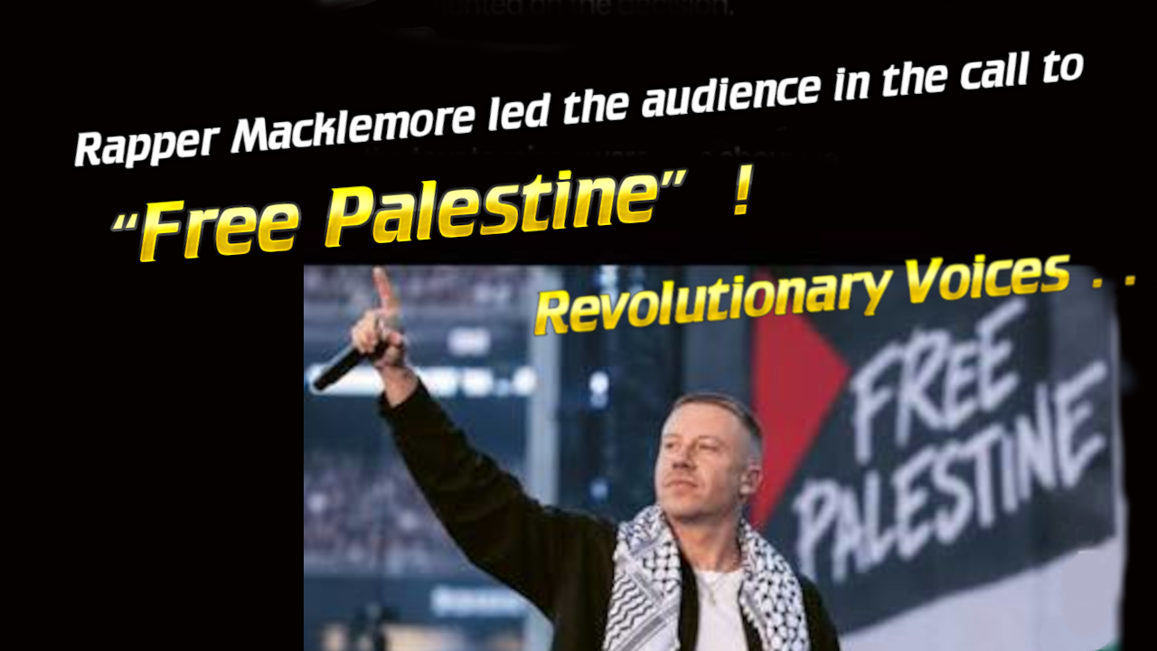 - Revolutionary News Today! Rapper Macklemore on Stage Raising a Microphone at a Rally, with a 'free Palestine' Sign Visible in the Background.