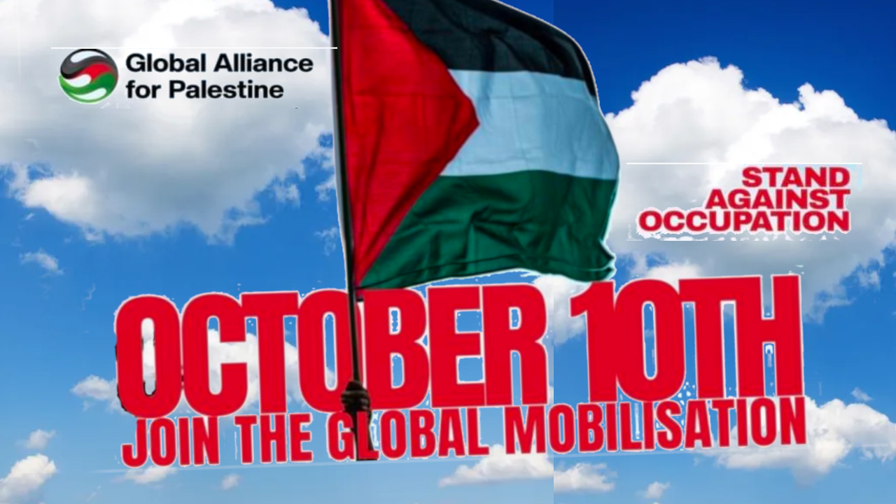 RNT oct 10th 1a REVOLUTIONARY News TODAY - Revolutionary News Today! Advocacy Poster Urging a Gaza-related Protest: October 10th, Stand Against Occupation, with a Palestinian Flag and Global Alliance for Palestine Branding