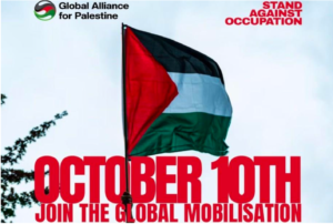 october 10 REVOLUTIONARY News TODAY - Revolutionary News Today! Palestinian Flag Raised on a Pole with Campaign Logos and Bold 'october 10th' Text Announcing a Global Mobilisation Campaign.