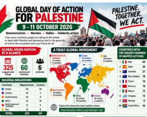 October 10 stats2 REVOLUTIONARY News TODAY - Revolutionary News Today! Poster for Global Day of Action for Palestine Showing a Crowd with Palestinian Flag and Dates Oct 9–11, 2026.