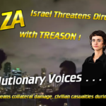 - Revolutionary News Today! Thumbnail Banner: Two People in Black on the Right, City Skyline at Night, with Bold Yellow Text Reading 'naza' and 'israel Threatens Directors with Treason' and 'revolutionary Voices'