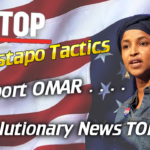 - Revolutionary News Today! Person Speaking at a Political Rally with a U.s. Flag Backdrop; Bold White Text Urges 'stop Gestapo Tactics' and 'revolutionary News Today' with 'support Omar' Visible.
