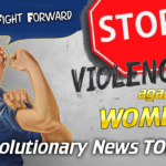 - Revolutionary News Today! Poster Advocating to Stop Violence Against Women; Features Rosie the Riveter with Fist Raised and Bold Text 'stop Violence Against Women' and 'fight Forward'.